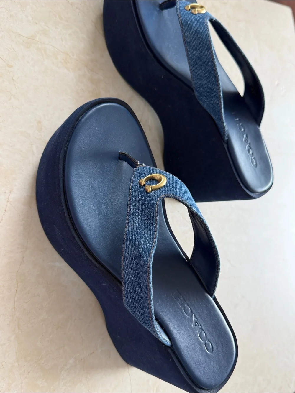 COACH Navy Denim Platform Sandals with Gold Hardware